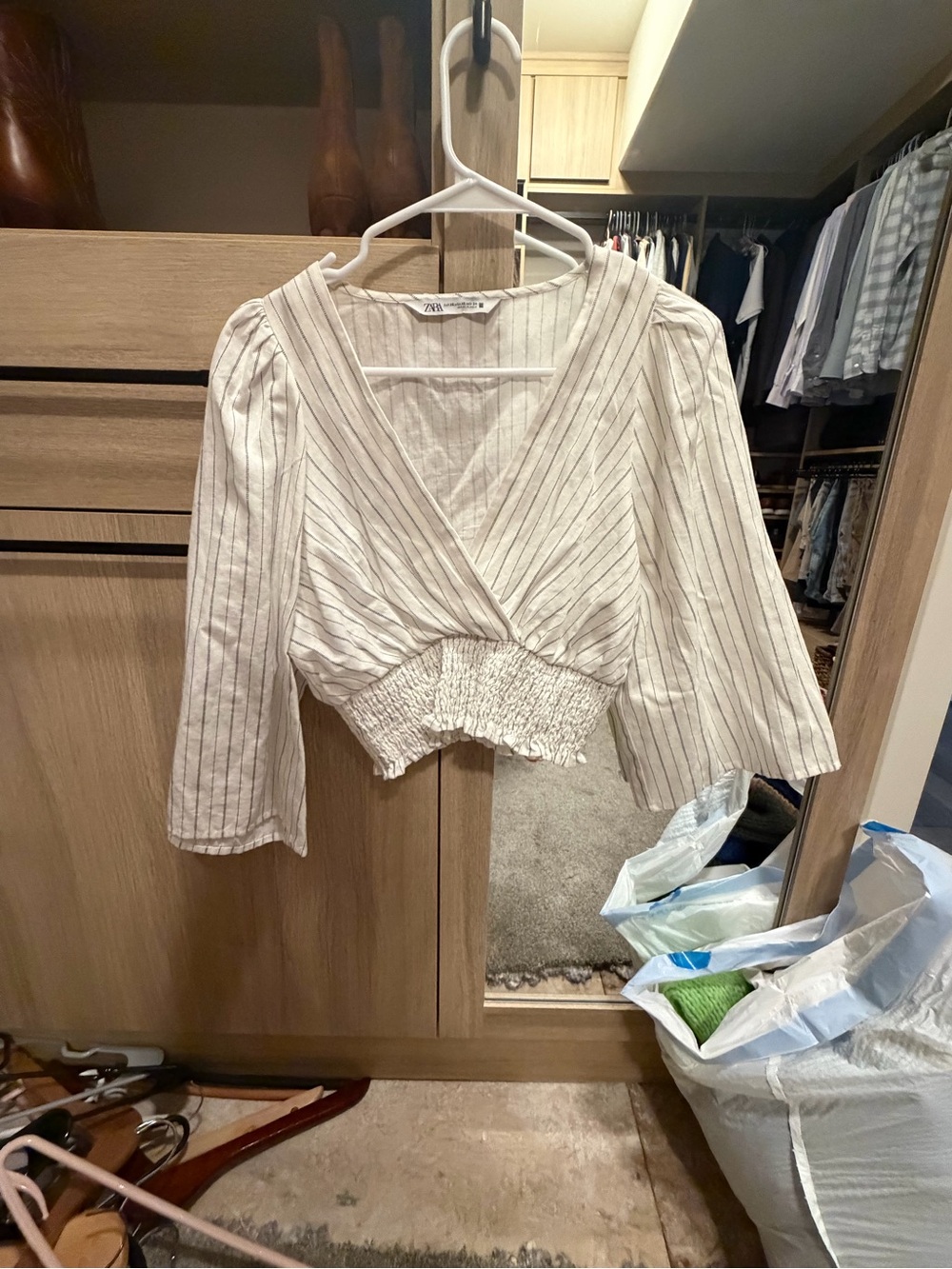 Zara Cream and Light Brown Striped V-Neck Smocked Waist Blouse